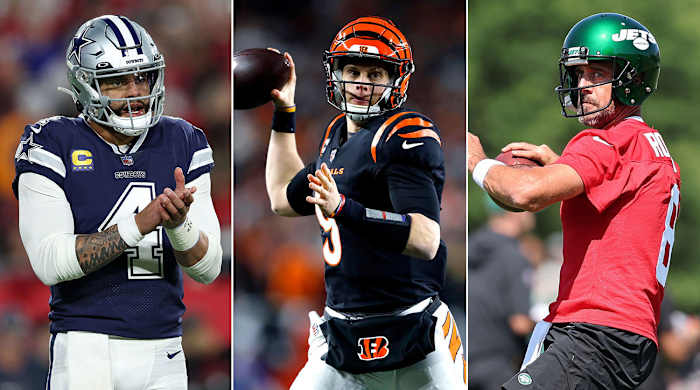 Separate photos of Dak Prescott, Joe Burrow and Aaron Rodgers